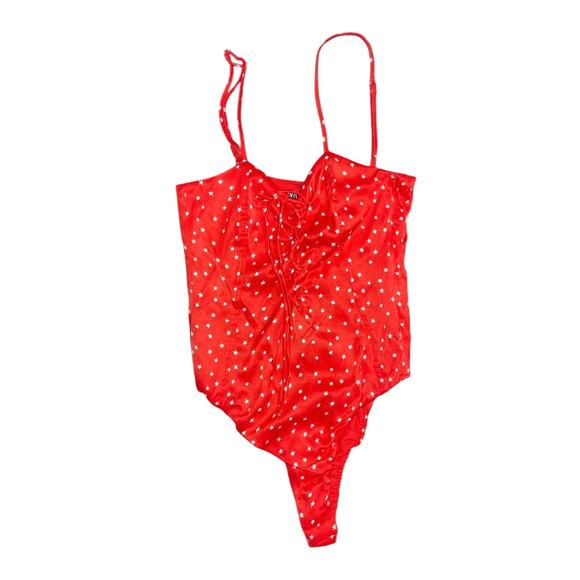 Zara Star Print Bodysuit Red Front Tie Size Small NWT - Picture 1 of 4